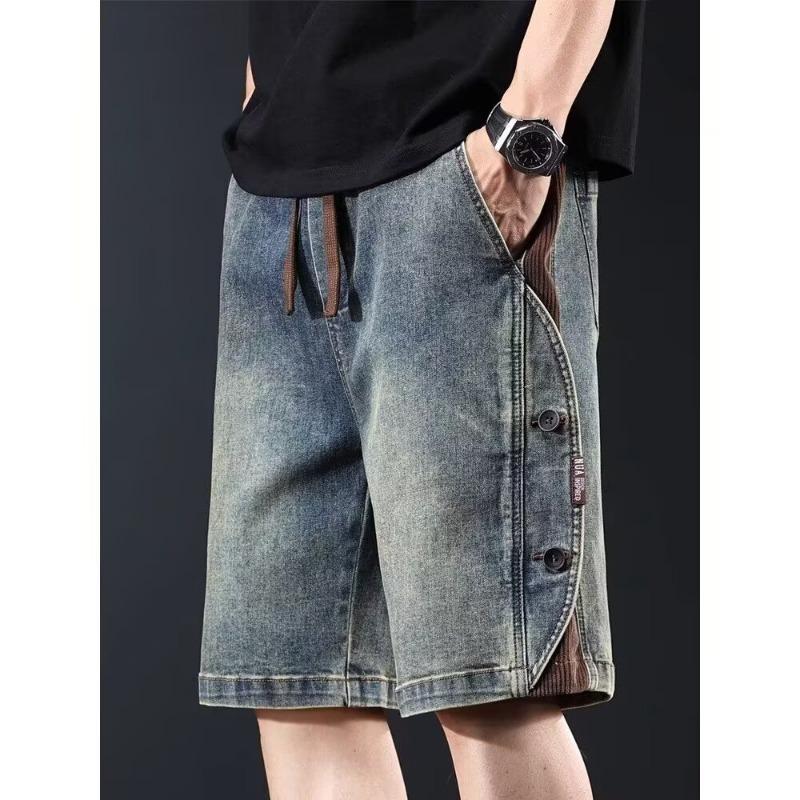 Mens Vintage Washed Denim Shorts Casual Elastic Waist Drawstring Knee Length Pants S