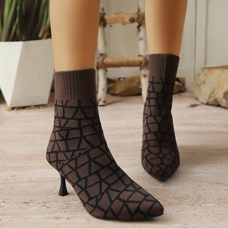 Fashion Colorblock Knit Breathable Cloth Slim Heel Single Boots Women's Fashion Pointed Toe Sleeve Non-Slip Wear-Resistant High Heels