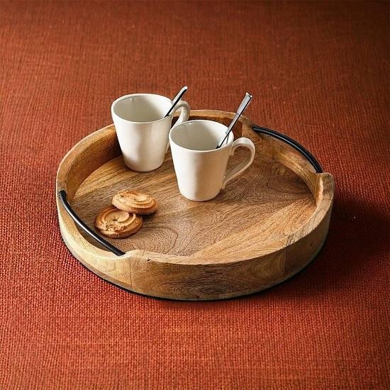 Medium Rustic Round Wooden Serving Tray Handcrafted Mango Wood with Iron Handles Decorative Kitchen Dining Table Tray Brown