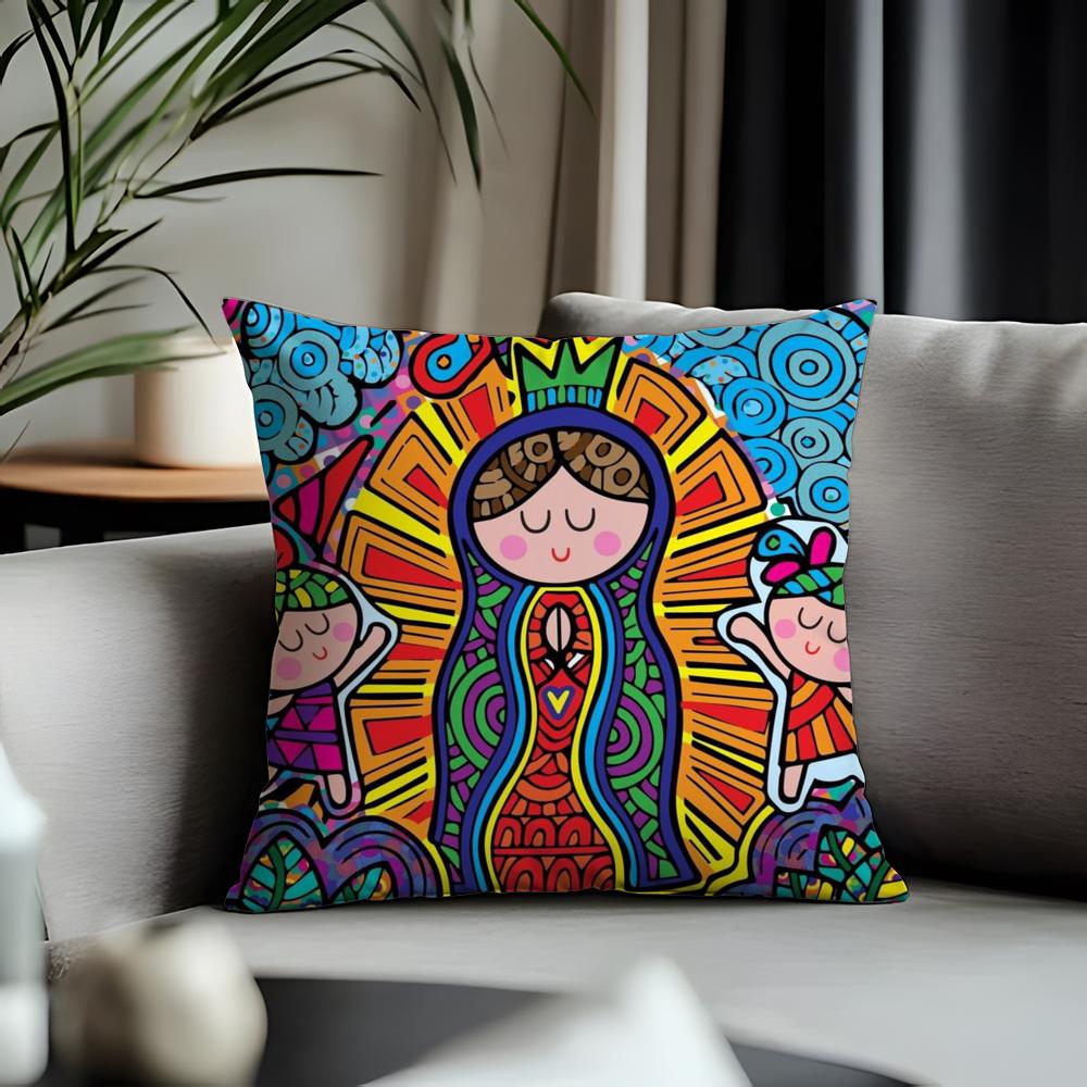 New Ccartoon Virgin Mary Artful Cushion Cover Antidustmite Pillowcase Invisible Zipper Silky Short Plush Sofa Cushion Cover