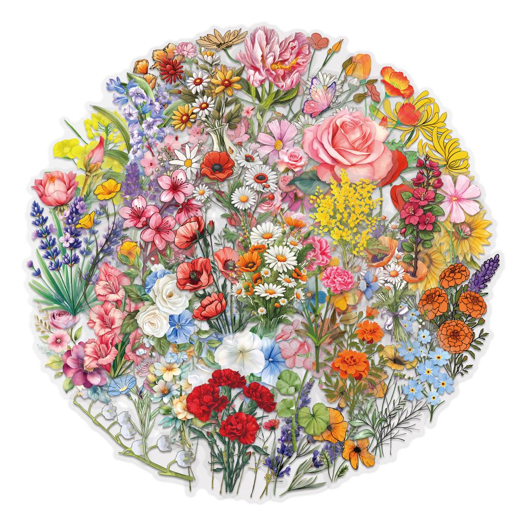 60 INS Ink and Flower Stickers Pack Waterproof Transparent PET Flower Material Decorative Guitar Notebook