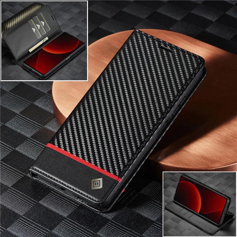 Carbon Fiber Flip Wallet Phone Case for Xiaomi 13T 12T 11T 11 Lite POCO X5 X4 X3 Pro Holder Cover Redmi Note 12 12S 11S 11 Pro