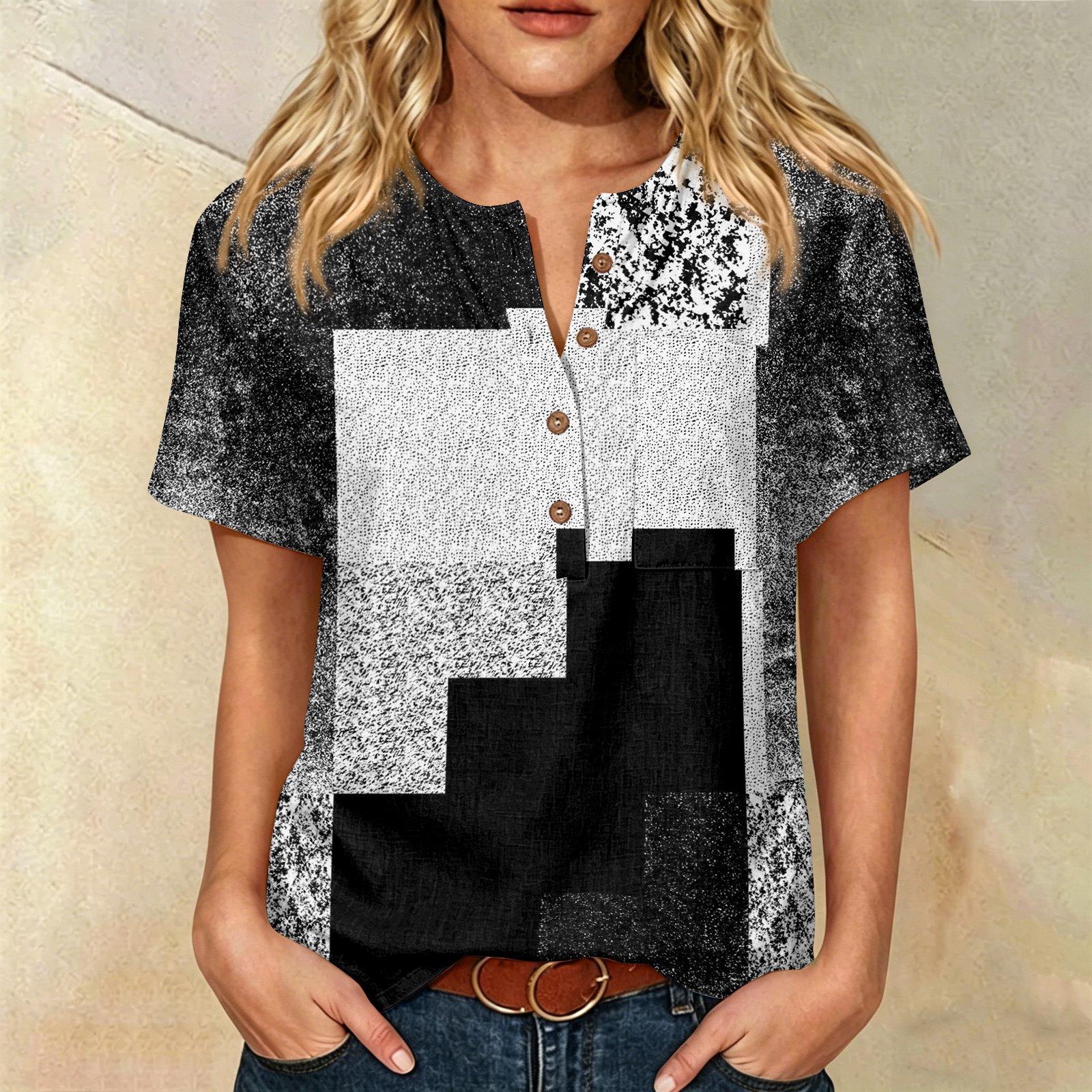 

Women’s Fashion Printed Shirt Cotton Linen Short Sleeve Henley Neck Button Front Pocket Design Loose Fit Top for Daily Wear L чёрный