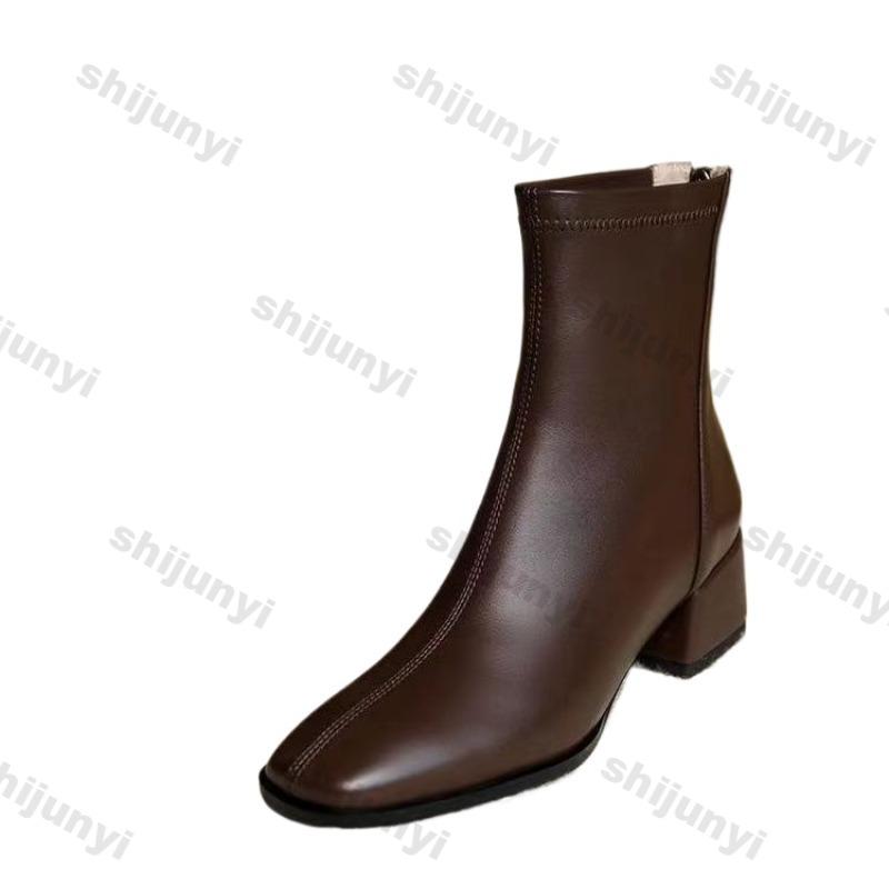 Winter Women's Boots New Square Toe High-heel Short Boot 2024 Autumn Winter Anti Slip Outdoor Fashion Retro Zipper Chelsea Boots
