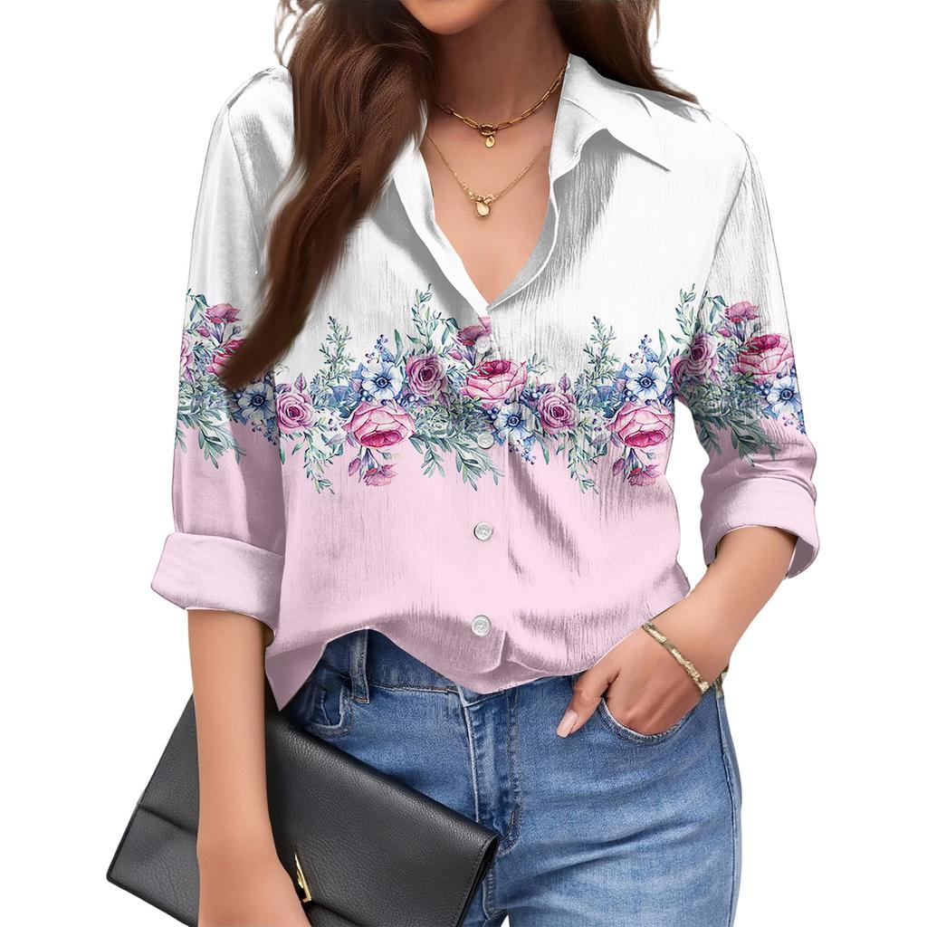 Women's Fashionable Casual Loose Floral Print Long,sleeved Shirt