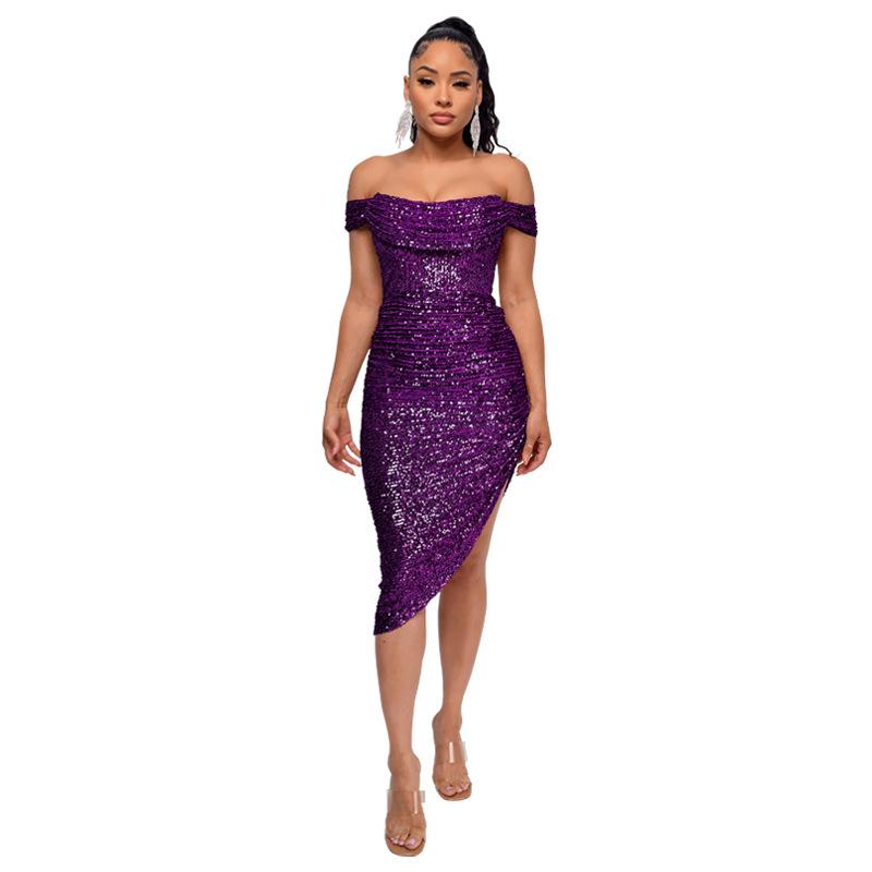Women's Summer One-line Shoulder French Waist Dress Sequin Bag Hip Mid-length Dress