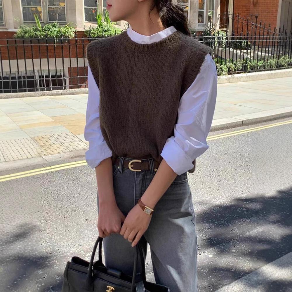 H* overt Solid Color Round Neck Knitted Vest 2024 - Early Autumn Korean Style Layered Top for Women Commuting
