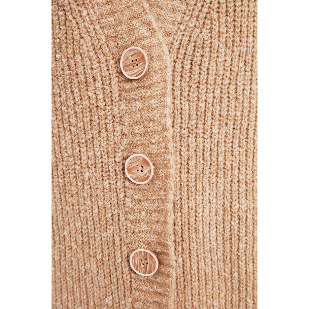 Beige gestrickte Strickjacke mit V-Ausschnitt und Knöpfen Tctaw22hi0397