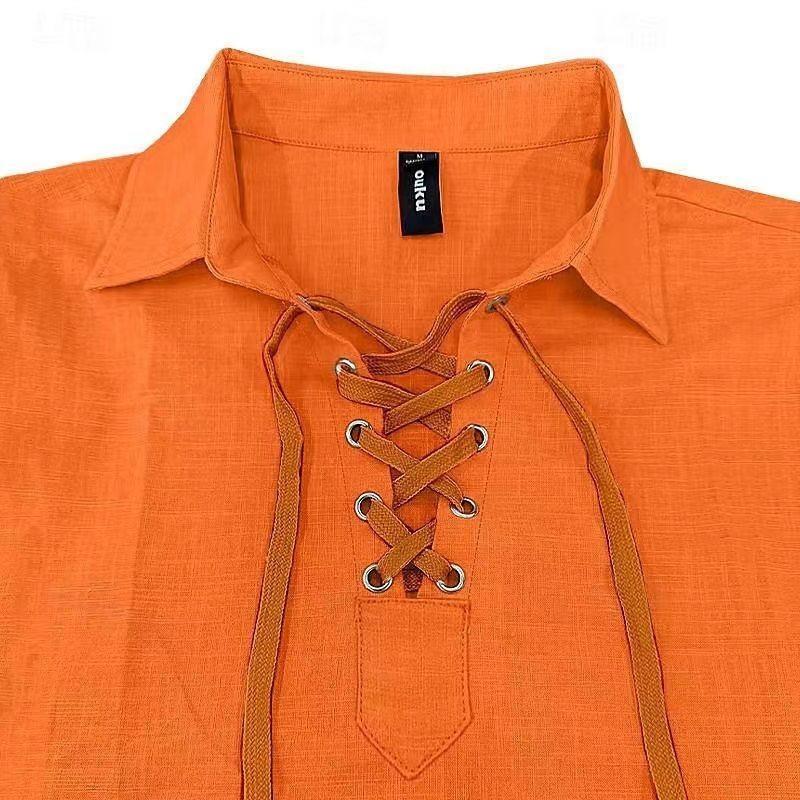 Men's Linen Shirts Long Sleeved Lace Up V Neck Casual Blouse Spring Summer Thin Front Tees Tops Breathable Men Clothing