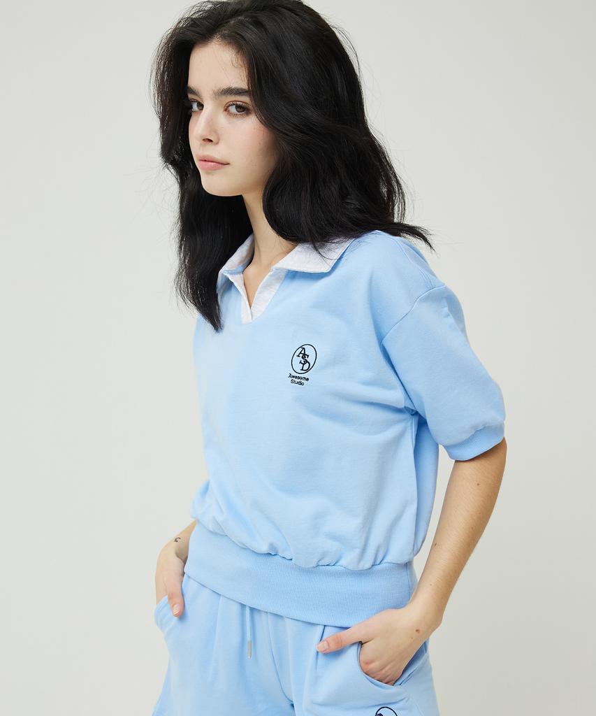 AWESOME STUDIO Color Block Collar Crop Sweatshirt Short Sleeve T-Shirt Sky Blue