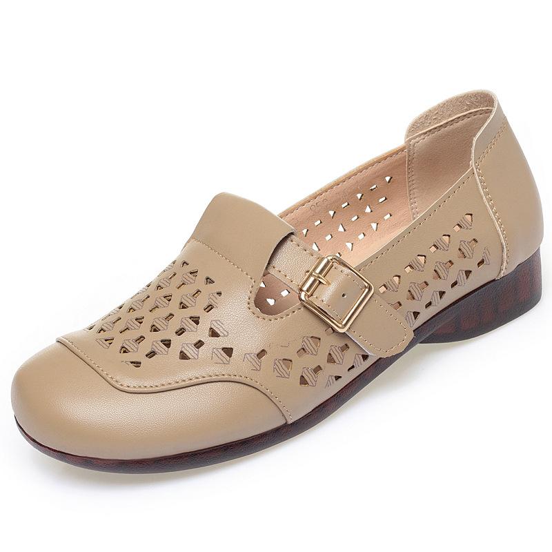

All Match Comfortable Breathable Cutout Genuine Leather Shoes Women Summer 2025 T Strap Hole Shoes Flats Moccasins for Mom Beach 35 хакі