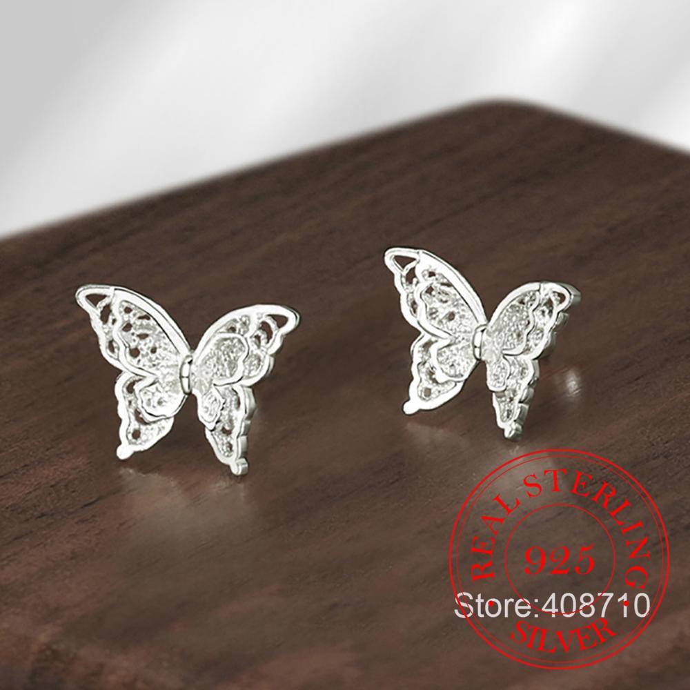925 Silver Jewelry Double-layer Hollow Butterfly Stud Earrings for Women Wedding Party Jewelry For Girls Friend Gift
