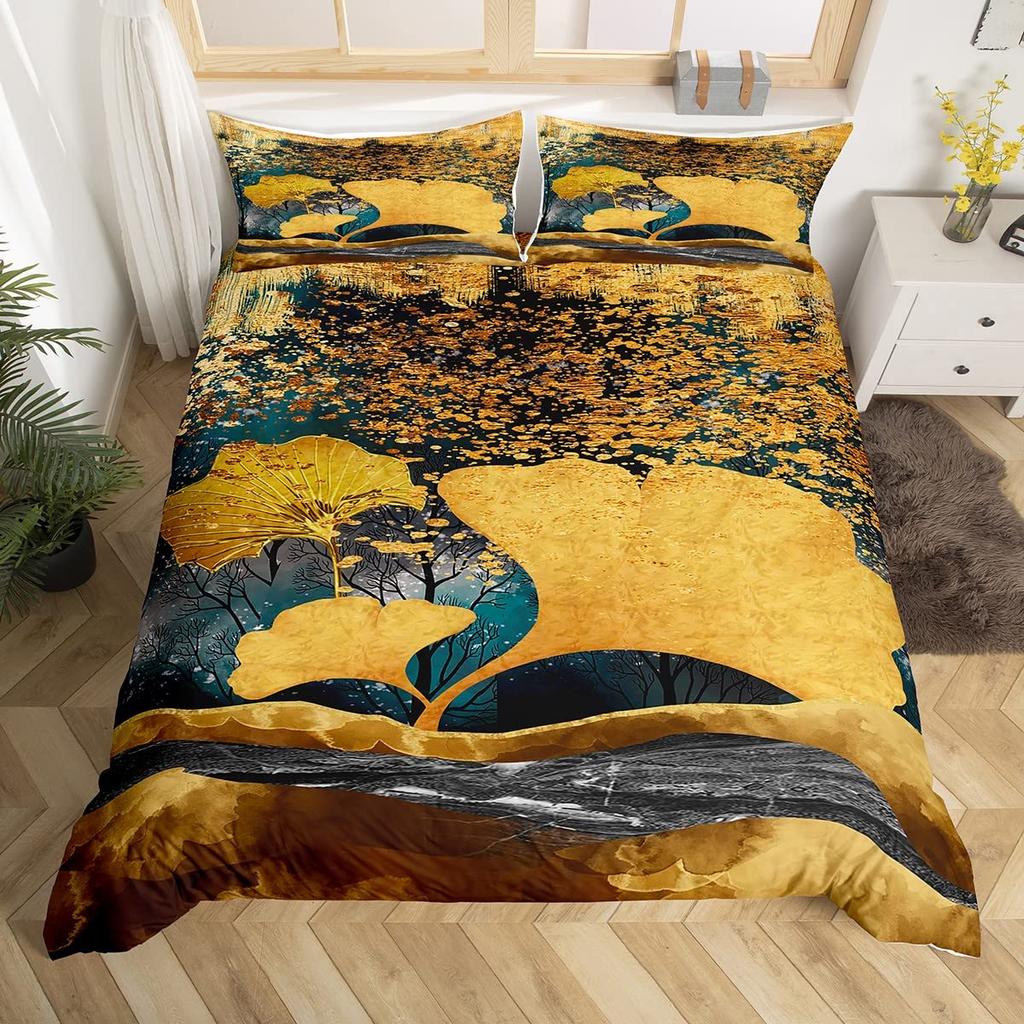Ginkgo Leaves King Queen Duvet Cover Black Golden Ginkgo Biloba Leaf Bedding Set Botanical Quilt Cover Polyester Comforter Cover