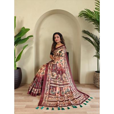 Pure Malai Cotton Saree with Big Border Digital Print Concept with Elegant Kalamkari Patterns with Contrast  Big Pallu with Tassels Attached