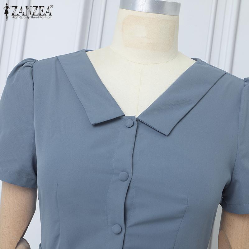 ZANZEA Women Summer Casual V-Neck Short Sleeve Pleated Dress