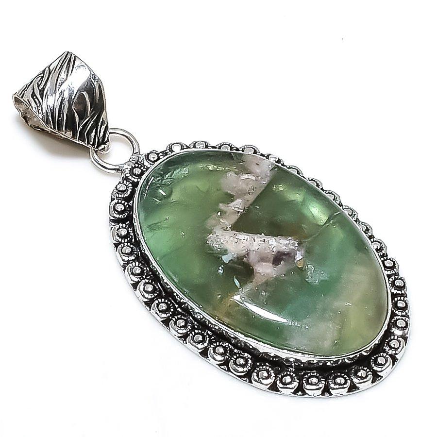 Fluorite Gemstone Handmade 925 Sterling Silver Jewelry Pendant 2.17" SU-10677