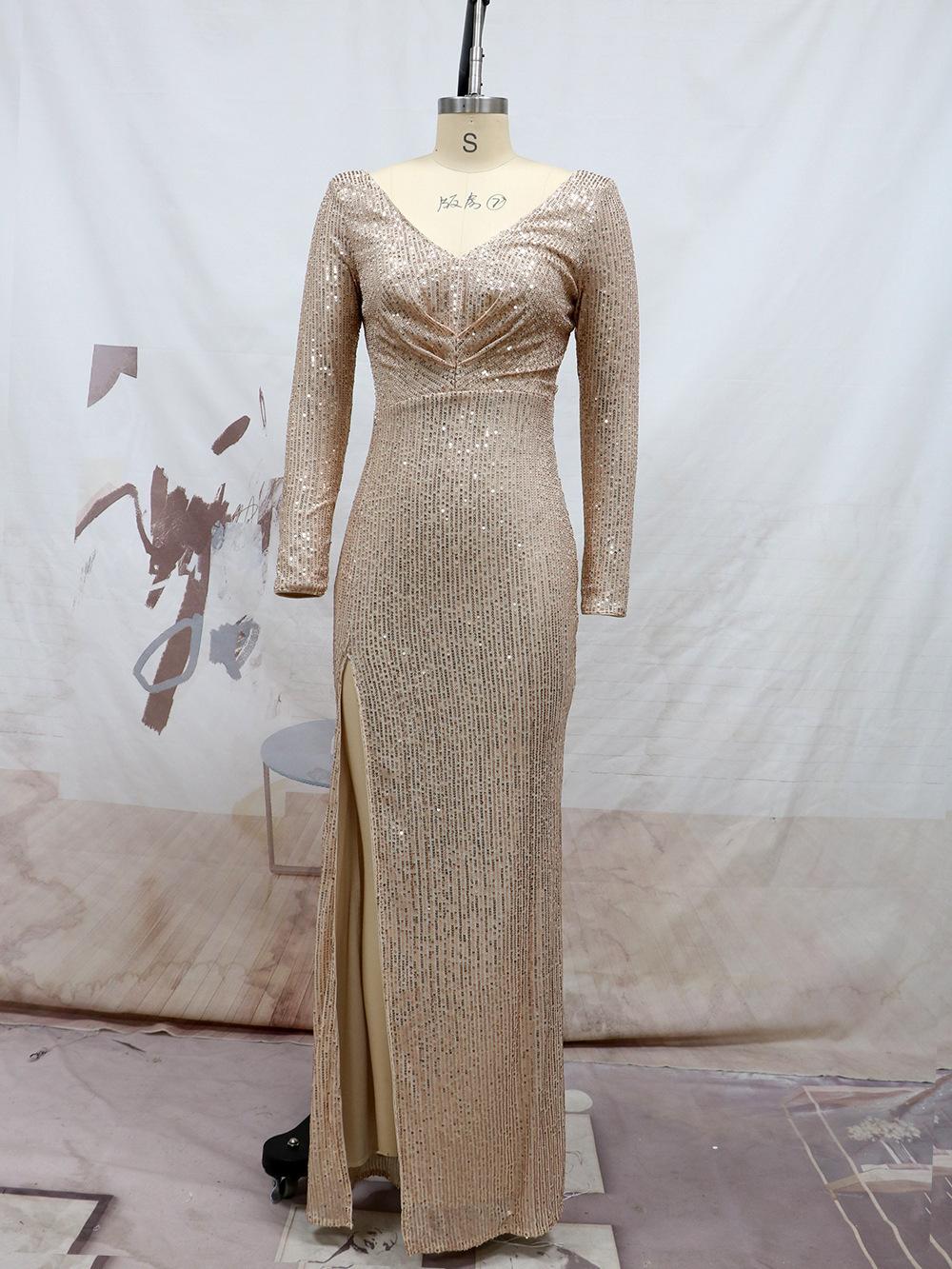 Spring 2022 new split long-sleeved V-neck slim-fitting long dress dress wedding banquet party multi-colored sequins night S шампанского