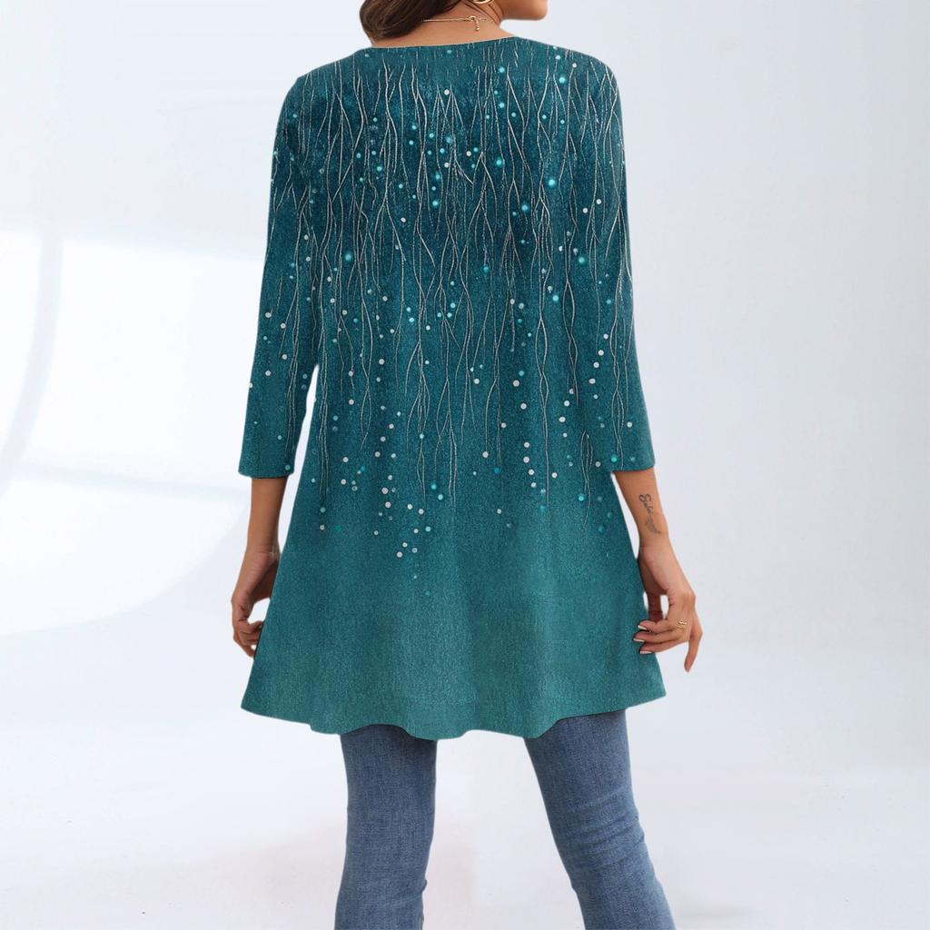 Damenmode Lässig Dreiviertelärmel Lang Blumenmuster Rundhals Oberteil