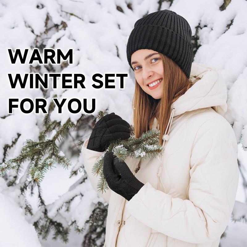 Unisex Winter Knit Hat Gloves Set Warm Fleece-Lined Ear Protection Cold Weather Outdoor Use