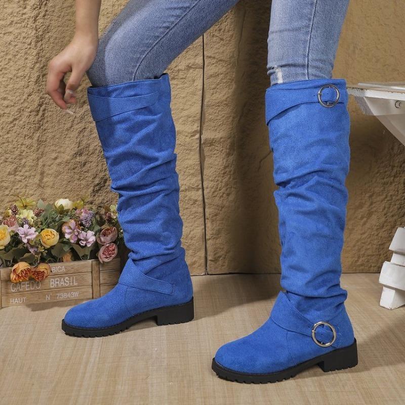 Women Boots 2026 Autumn Sexy Knee High Women Flats Shoes Round Toe Female Long Boots Comfortable Non Slip Outdoor Buckle Botas