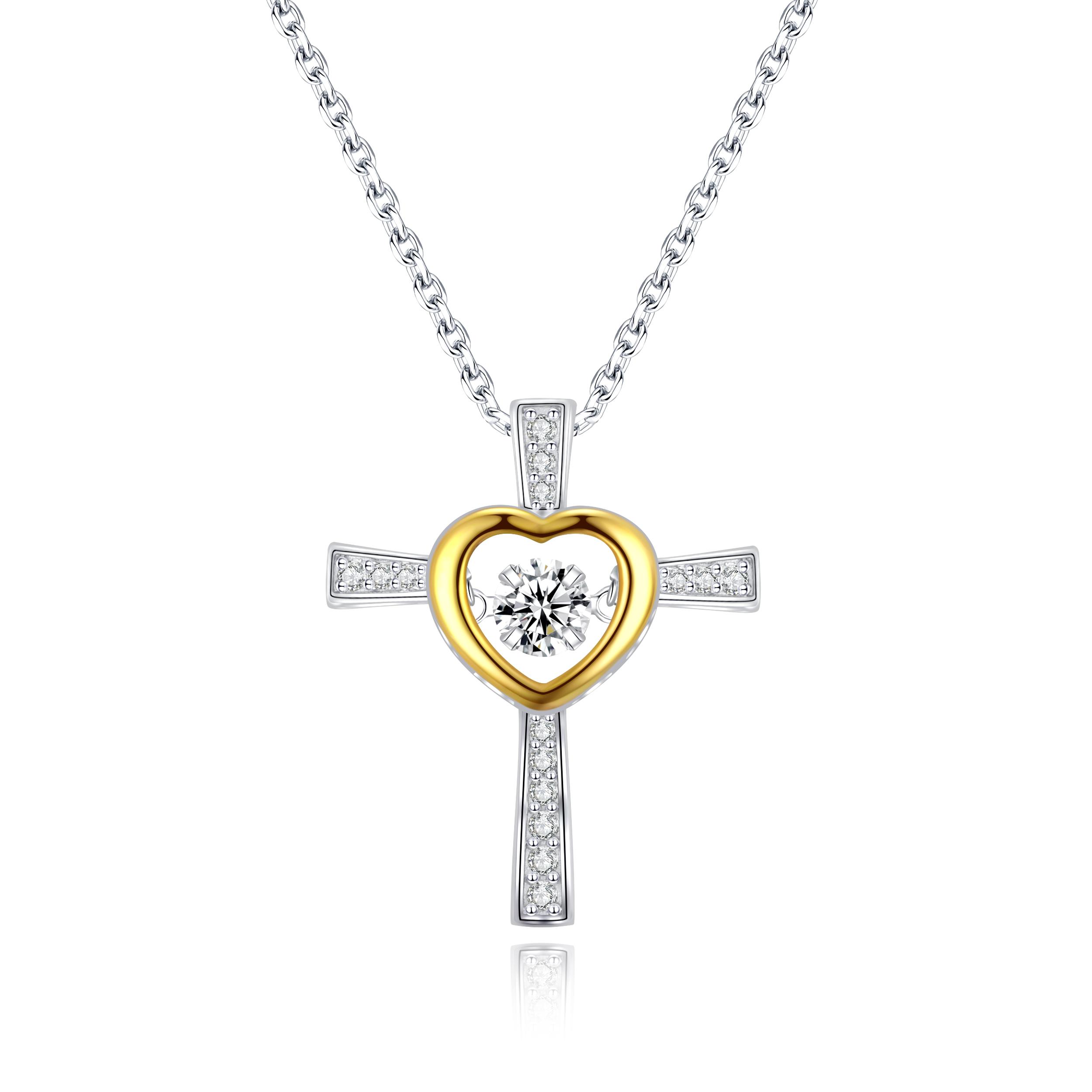 Fashion Two Tone Plating Necklace CZ Fine Jewelry 925 Silver Heart Zircon Cross Pendant Necklace for Women 40+5CM