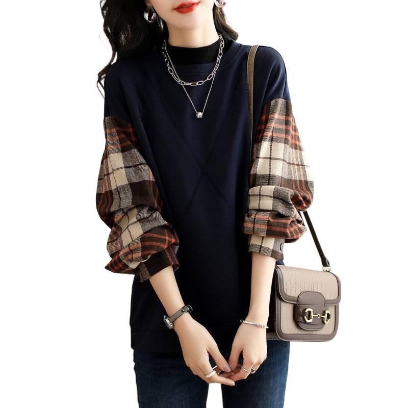 Women's Pilling-Free Crew Neck Plaid Sweatshirt, Retro Fake Two-Piece Style, Early Spring 2025 Collection