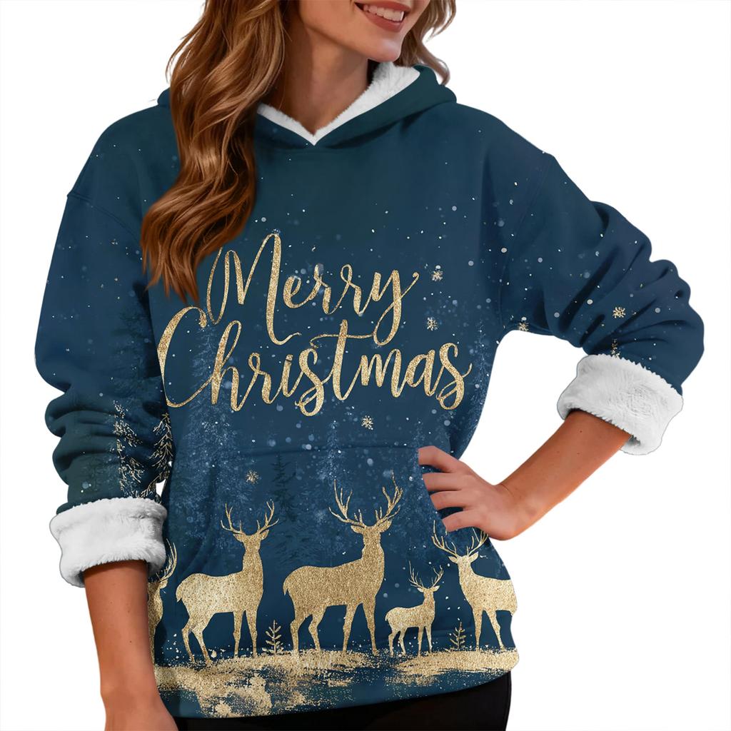 Women's Fashionable Casual Long-Sleeved Christmas Print Fleece-Lined Thick Hooded Sweatshirt