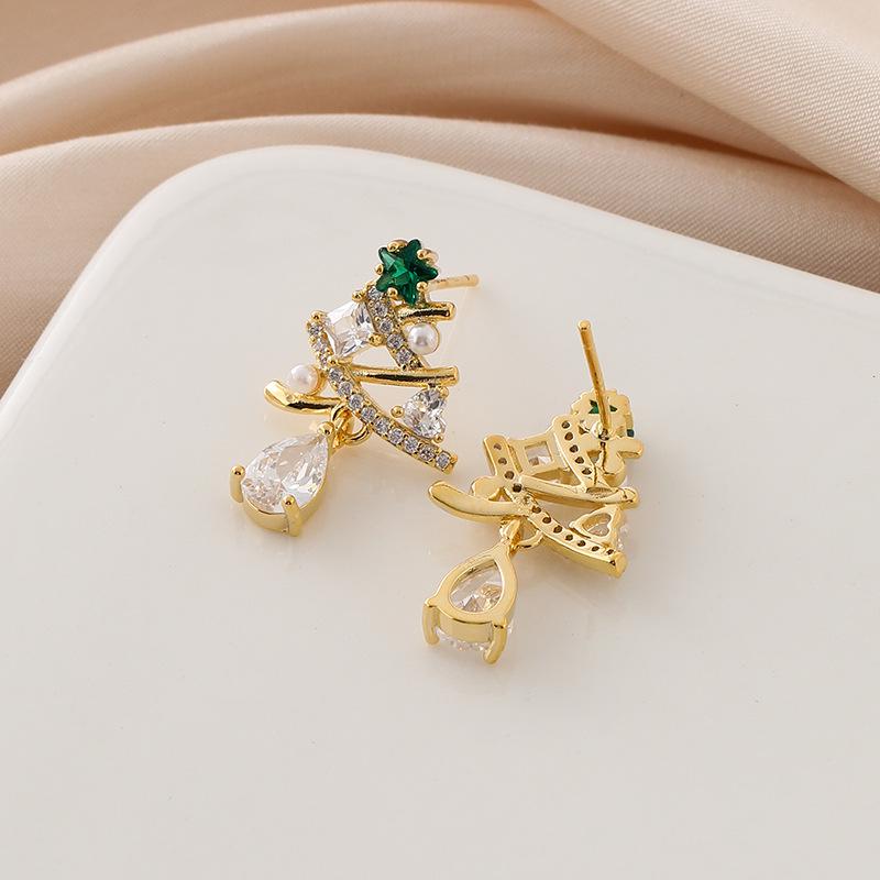 

EH1492 Zircon Christmas Tree Stud & Dangle Earrings with Water Drop & Mosquito Coil Design (No Piercing)