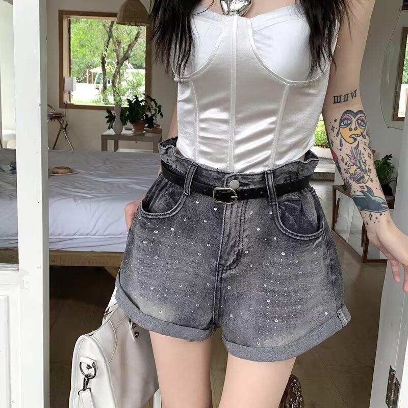 

Высокая талия и тонкие брюки с загнутыми краями A Word, прямые широкие брюки Fat Design, белые шорты с бриллиантами, новинка лета 3XL