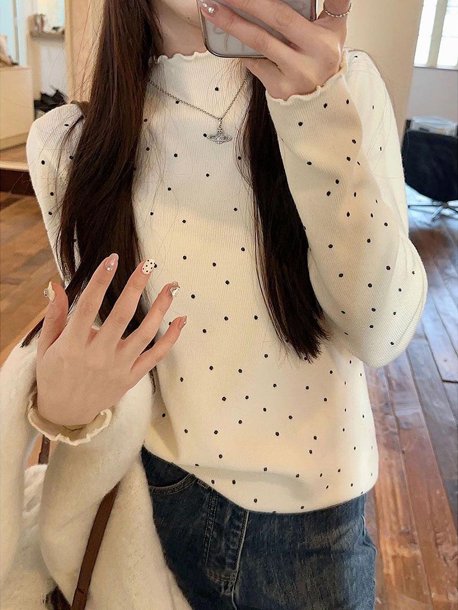 

Women s Black Fungal Collar Polka Dot Base Shirt, Autumn/Winter Long-Sleeve Korean Style Top Medium чёрный