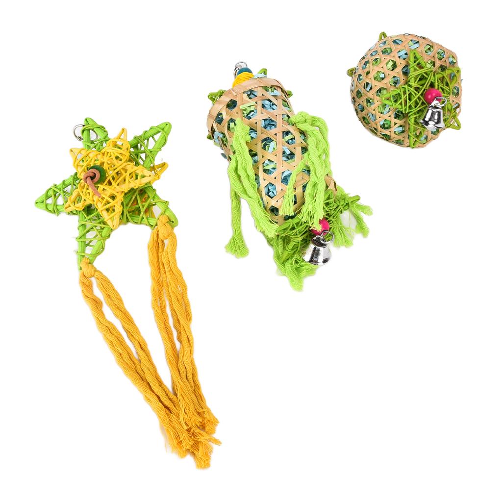 3pcs Bird Chewing Toys Natural Parrot Shredder Toy Set with Bells Rattan Ball for Budgies African Grey Parrot Cockatiels