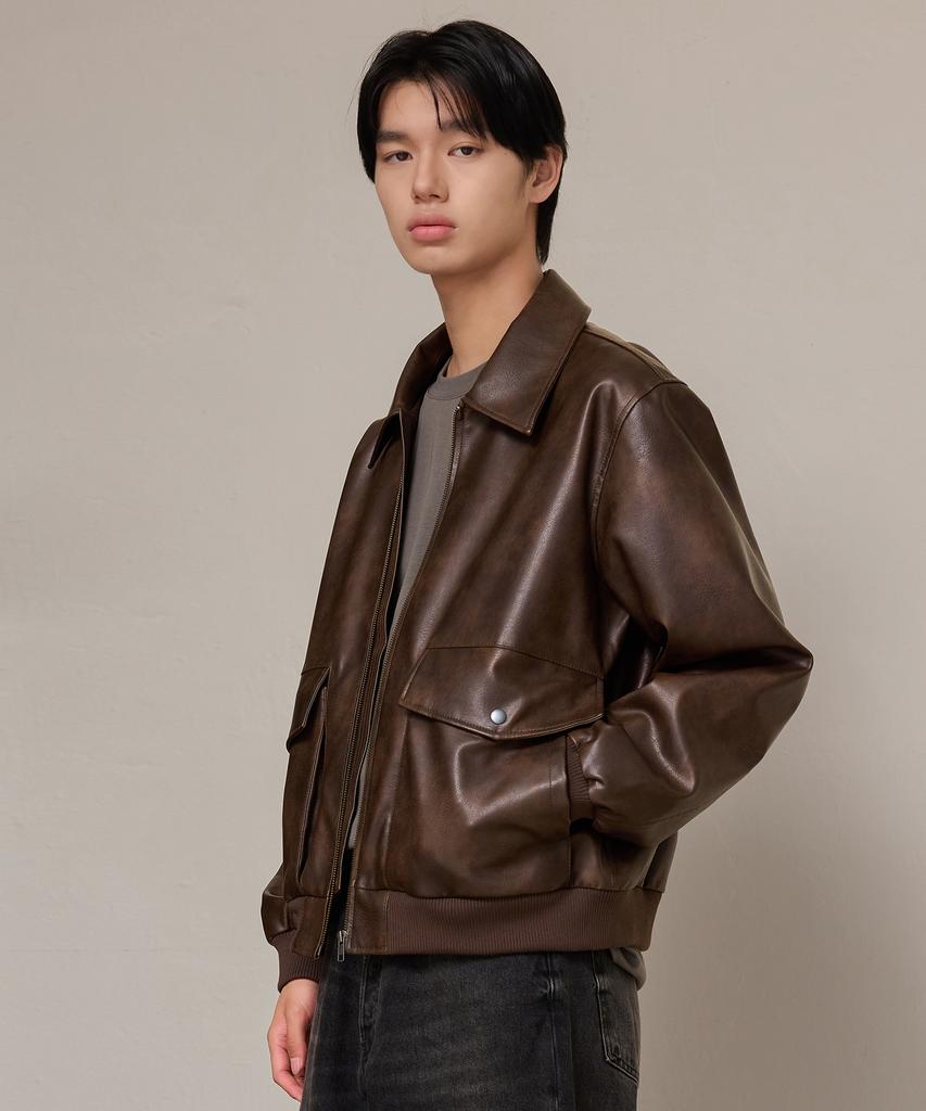 Leftseoul Unisex Synthetic Leather Flight Jacket [Brown]