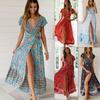 Women's Summer Boho Floral Print Maxi Dress, V Neck Ruffle Short Sleeve Wrap Tie Waist High Slit Sexy Beach Vacation Casual Long Dress