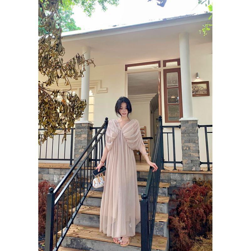 

Kumikumi Design Sense Mesh Patchwork Temperament Temperament Short sleeve Dress Women Summer Niche Chic A- line Skirt Skirt with Interior L