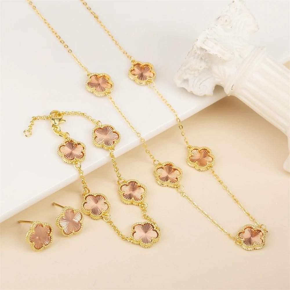2024 Hot Sale 10 Colors Five-Leaf Flower Set Bracelet Necklace Classic Simple Women Zircon Set Suitable For Daily Party Wear