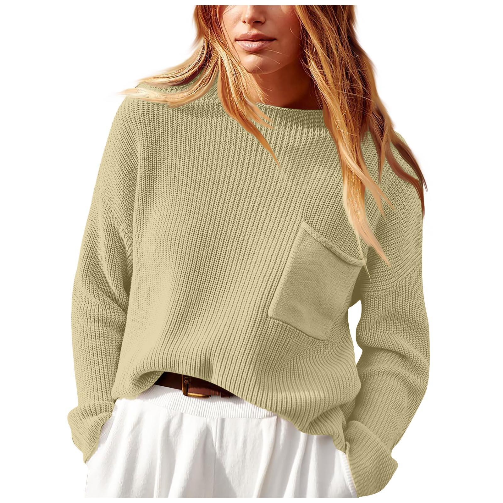 

Жіночий модний однотонний светр з довгим рукавом і зимовим круглим вирізом, повсякденний вільний светр XXXL хакі