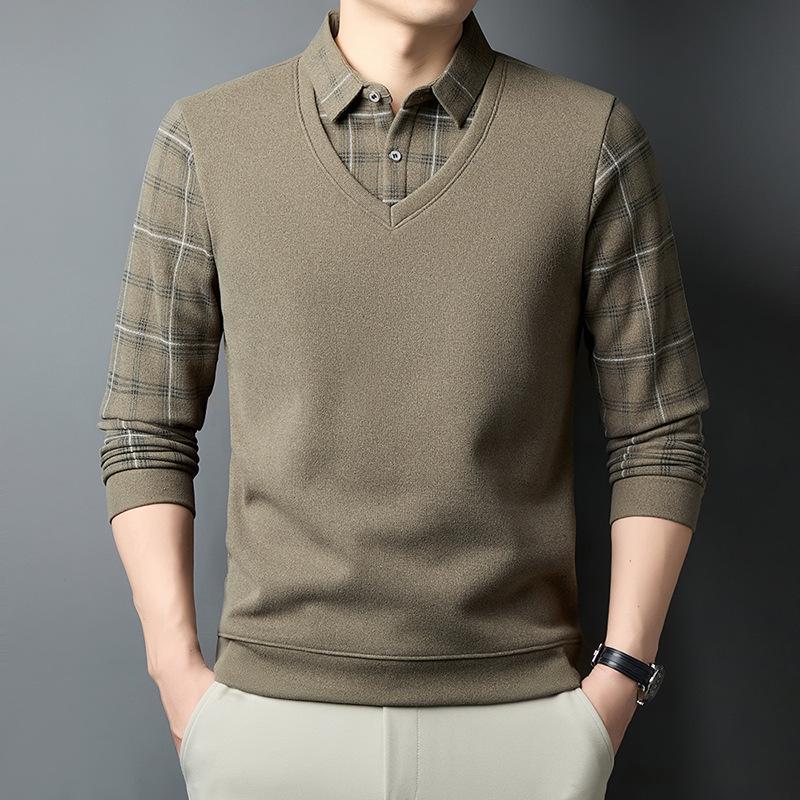

Men s Plus Velvet Thickened Faux Two-Piece Long-Sleeve Polo - High-End Knit Base Layer L жовтий