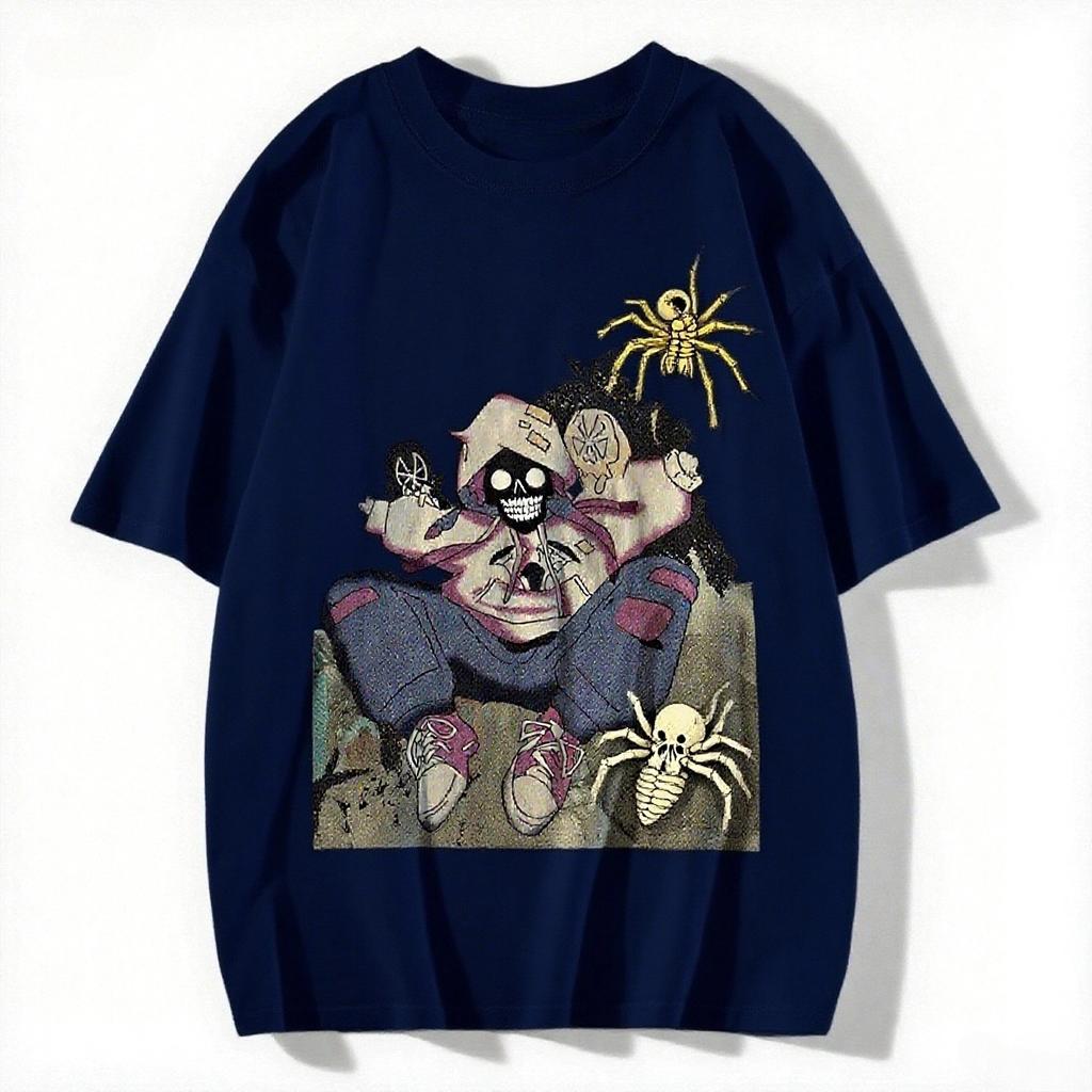 2025 Amerykański Styl Diabelski Nadrukowany Krótkorękawowy Letni Casualowy Modny Top Okrągły Dekolt Bawełniana Chłodna Oddychająca Koszulka