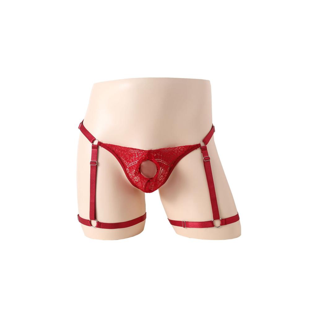 Men's sex underwear adjustable hole lace men's boxers perspective sexy men's sex thong