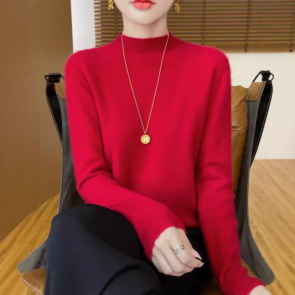 Half Turtleneck Wool Sweater Pullover Solid Colour Bottoming Sweater Knit Sweater for Women