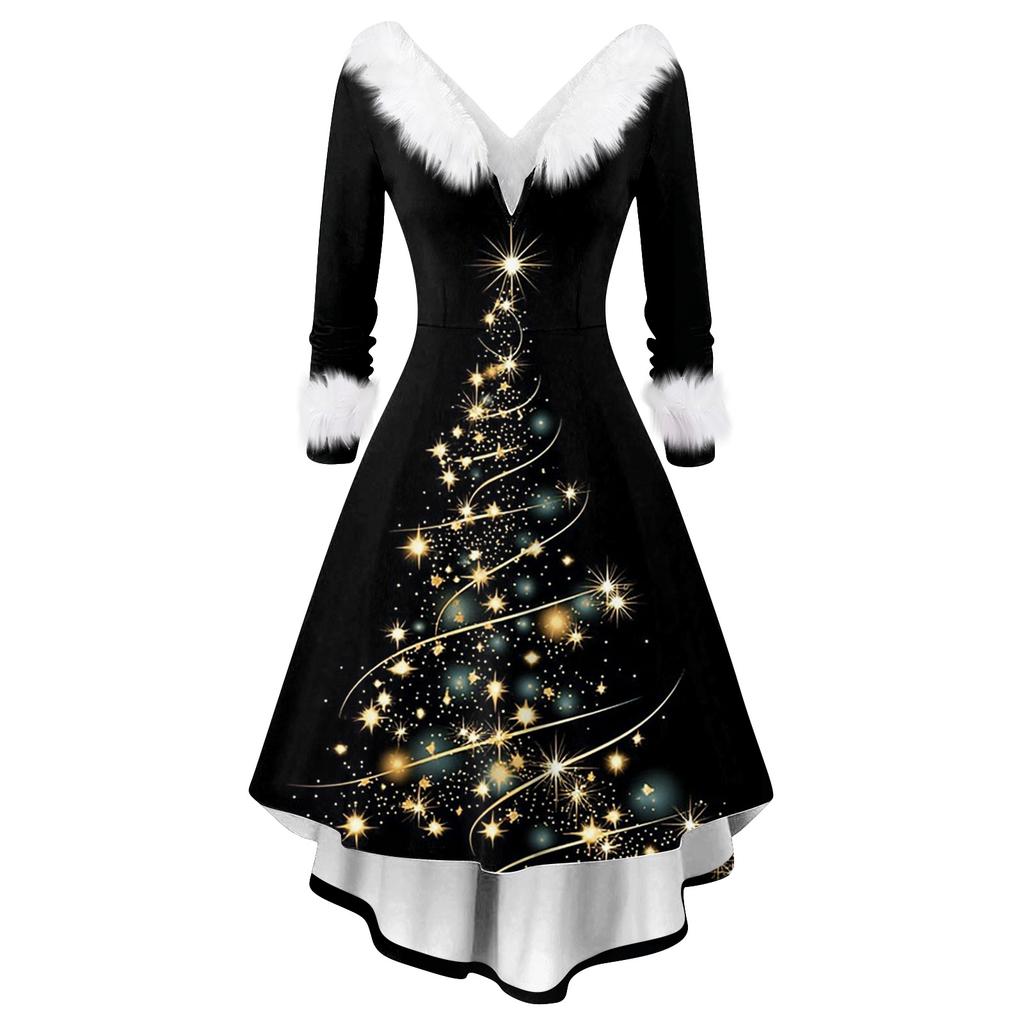 Women's Fashion Elegant Autun And Winter Long Sleeve V-Neck Christmas Print Dress