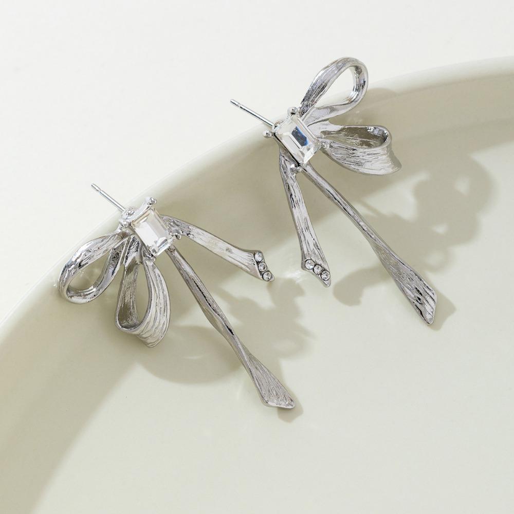 Retro Temperament Silver-toned Brushed Stereo Ribbon Bowknot Zircon Tassel Stud Earrings for Women Korean Designer Jewelry Gifts