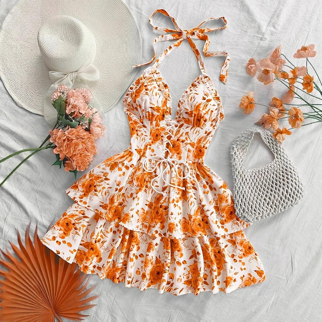 Summer Women's Fashionable Vacation Retro Blue and White Rose Printed Ruffled Dress