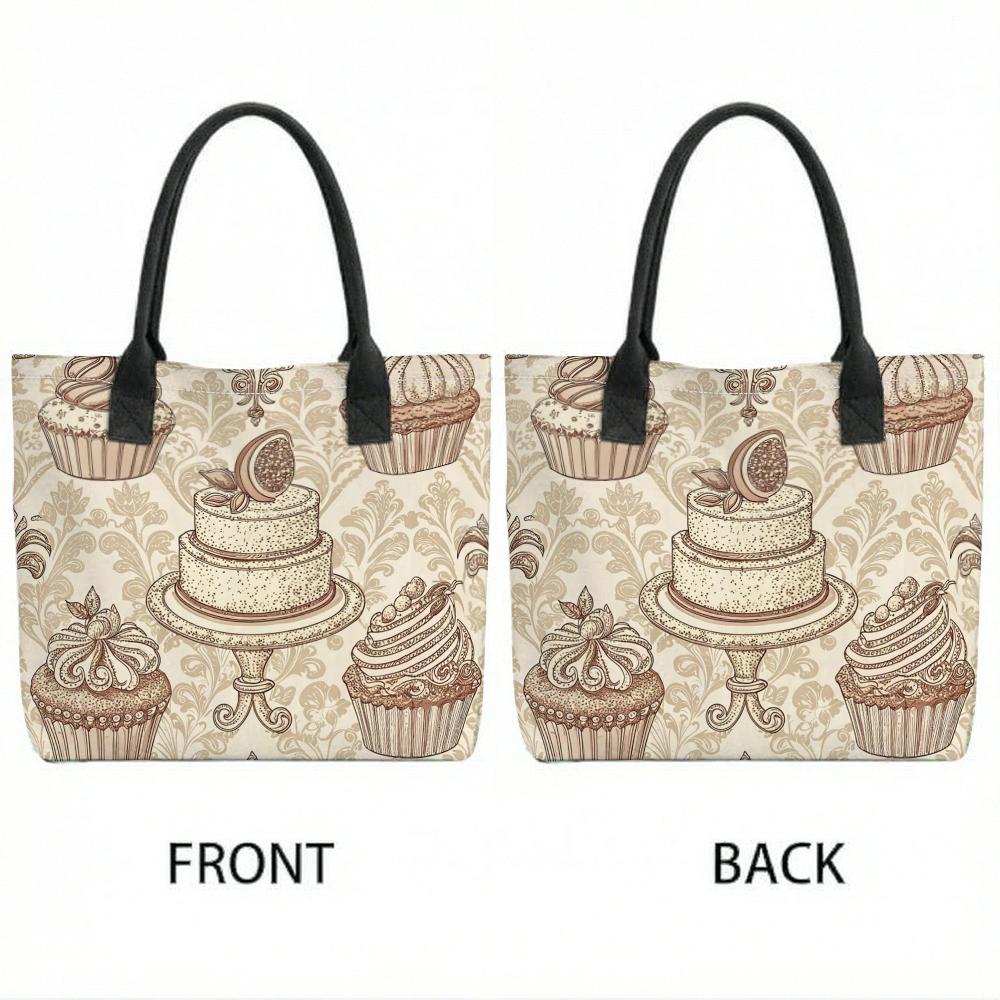 Vintage Dessert Print Canvas Tote Bag Casual Large Capacity Portable Daily Shoulder Handbag