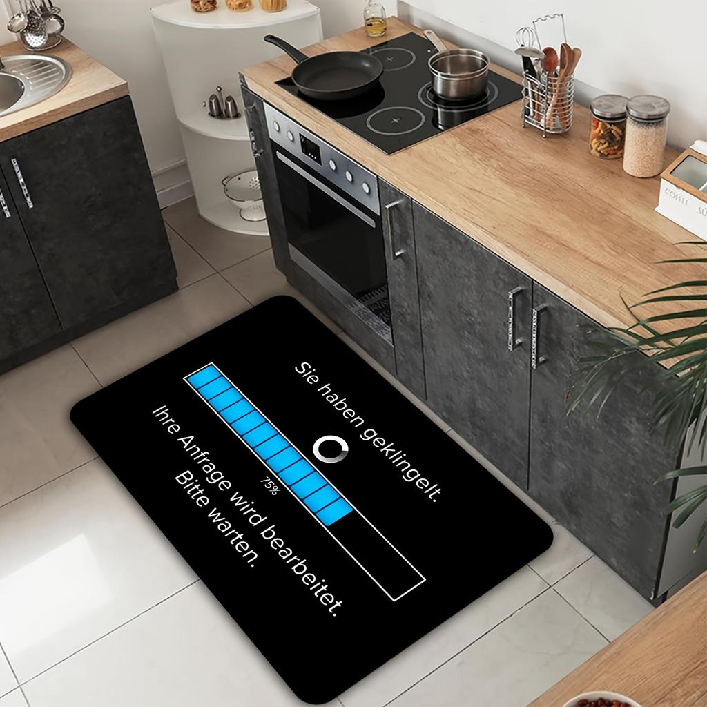 German Progress Bar Doormat – “Sie haben geklingelt. Ihre Anfrage wird bearbeitet. Bitte warten.” Blue Bar 75%, Black White