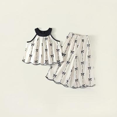 Mädchen Sommer Design Bedrucktes Set Mittleres Kind Ärmelloses Hängendes Top + Weitbeinige Hose Zweiteiliges Set