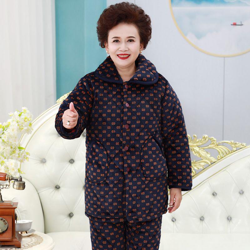 Three-Layer Fleece-Lined Quilted Winter Pajama Set for Elderly Women - Warm Coral Fleece Home Wear & Outerwear
