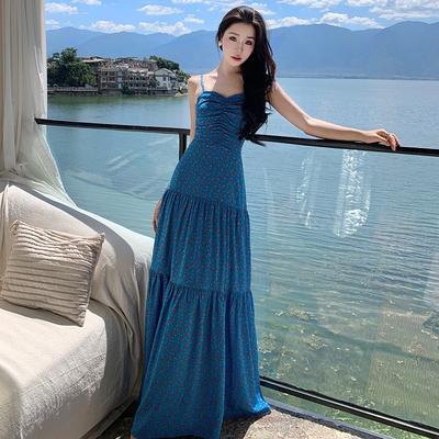 Backless Suspender Skirt Women's Floral Shoulder Dress Seaside Vacation Beach Skirt Waist Long Dress