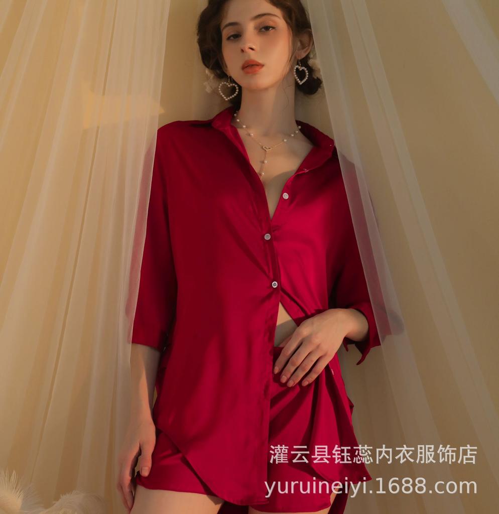 Sexy Boyfriend Style Shirt Women's Spring and Autumn Morning Gown Long-sleeved Satin Can Be Worn Outside Large Size Suit