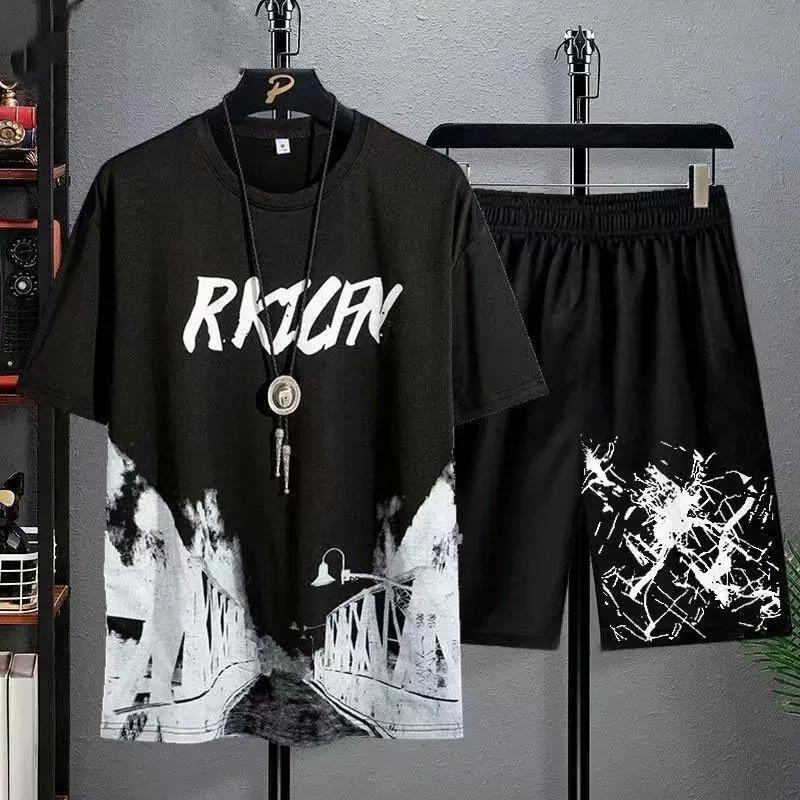 Men's Summer Tshirt Shorts 2 Pieces Set Tracksuit Men's Letters Print Vintage Streetwear Creative Pattern Men Sets Short Outfits